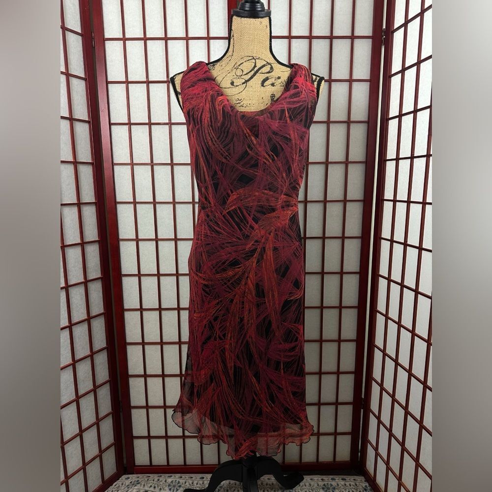 Vintage 90s Meghan Matthews Red Cowl Neck Sleeveless Chiffon Midi Dress